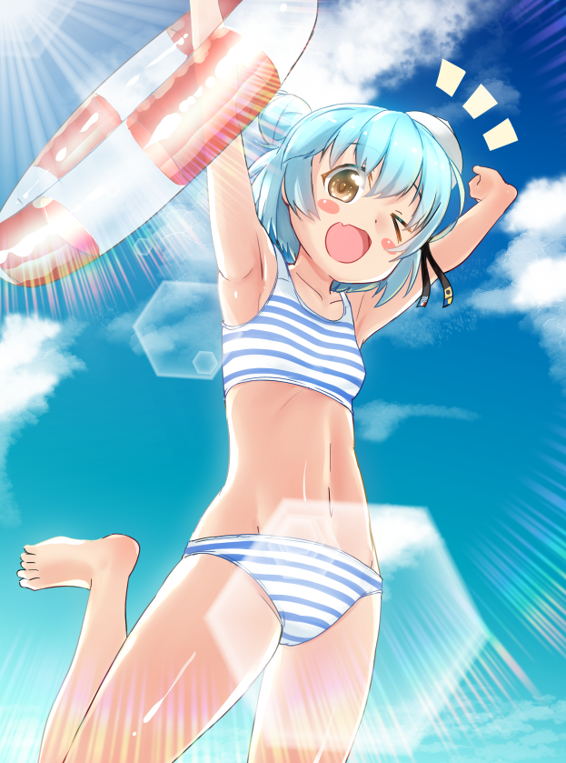 1girl barefoot bikini black_ribbon blue_hair blue_sky clouds day dixie_cup_hat double_bun fang hat innertube kantai_collection lens_flare looking_at_viewer military_hat one_eye_closed open_mouth outdoors ribbon samuel_b._roberts_(kantai_collection) short_hair skin_fang sky smile solo striped striped_bikini swimsuit white_headwear yellow_eyes yokoshima_(euphoria)