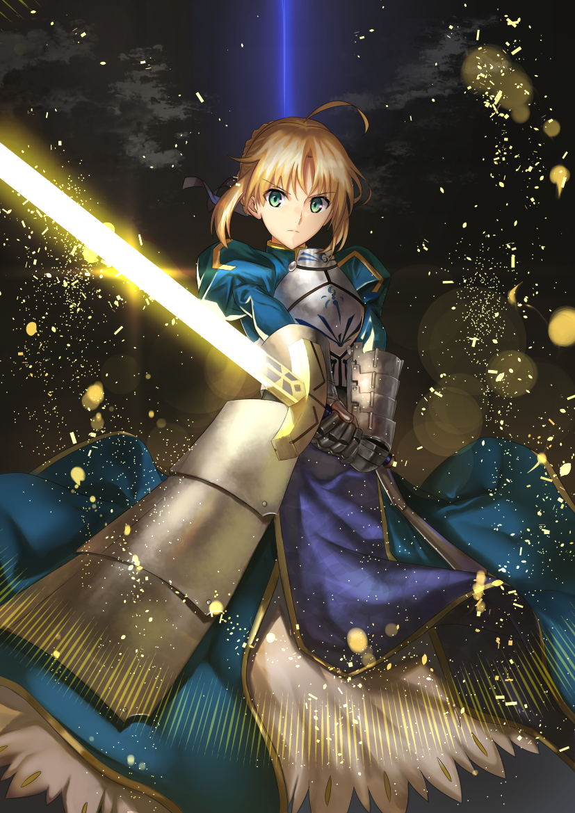 1girl ahoge armor armored_dress artoria_pendragon_(all) ashiwara_yuu bangs blonde_hair blue_dress blue_ribbon braid breastplate clouds commentary_request dress excalibur eyebrows_visible_through_hair fate/stay_night fate_(series) gauntlets glowing glowing_sword glowing_weapon green_eyes hair_ribbon holding holding_sword holding_weapon juliet_sleeves long_sleeves looking_at_viewer puffy_sleeves ribbon saber sidelocks solo sword two-handed v-shaped_eyebrows weapon