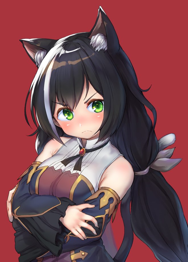 1girl animal_ear_fluff animal_ears bangs black_hair blush breasts cat_ears cat_girl crossed_arms danbo_(rock_clime) detached_sleeves dress eyebrows_visible_through_hair frown green_eyes kyaru_(princess_connect) long_hair looking_at_viewer low_twintails multicolored_hair princess_connect! princess_connect!_re:dive red_background simple_background sleeveless sleeveless_dress solo streaked_hair tail twintails upper_body white_hair