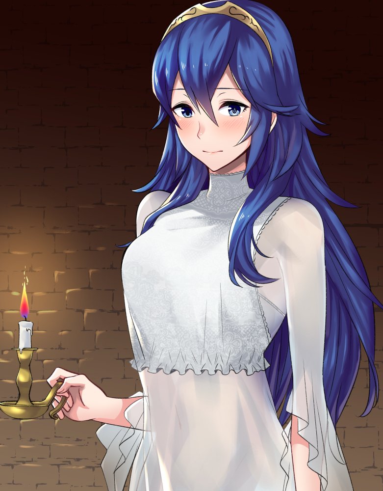1girl a_meno0 blue_eyes blue_hair blush closed_mouth dress fire_emblem fire_emblem_awakening hair_between_eyes hairband holding_candle indoors long_hair long_sleeves looking_at_viewer lucina lucina_(fire_emblem) shiny shiny_hair smile solo standing upper_body very_long_hair white_dress