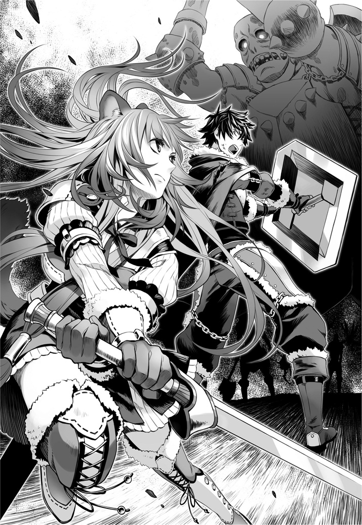 1boy 1girl arms_up boots breastplate cape chain closed_mouth dress fighting fingerless_gloves floating_hair gloves greyscale holding holding_shield holding_sword holding_weapon iwatani_naofumi long_hair minami_seira monochrome monster neck_ribbon novel_illustration official_art open_mouth pants raphtalia ribbon shield short_dress sweatdrop sword tate_no_yuusha_no_nariagari thigh-highs thigh_boots very_long_hair weapon zettai_ryouiki