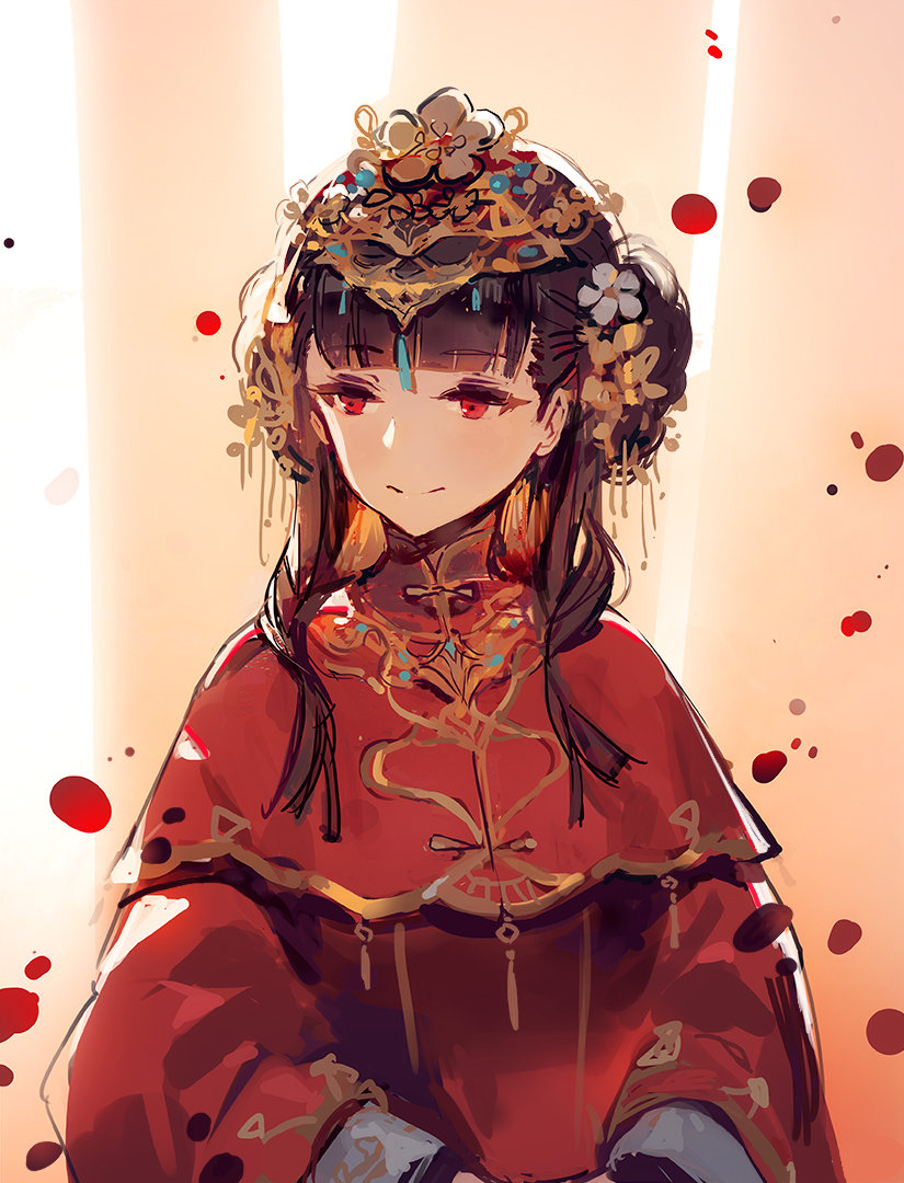 1girl alternate_costume azur_lane bangs black_hair blunt_bangs bride chinese_clothes chinese_commentary closed_mouth commentary_request double_bun eyebrows_visible_through_hair falling_petals headpiece high_collar jewelry kishiyo light_smile long_sleeves looking_to_the_side red_eyes sidelocks solo yat_sen_(azur_lane)