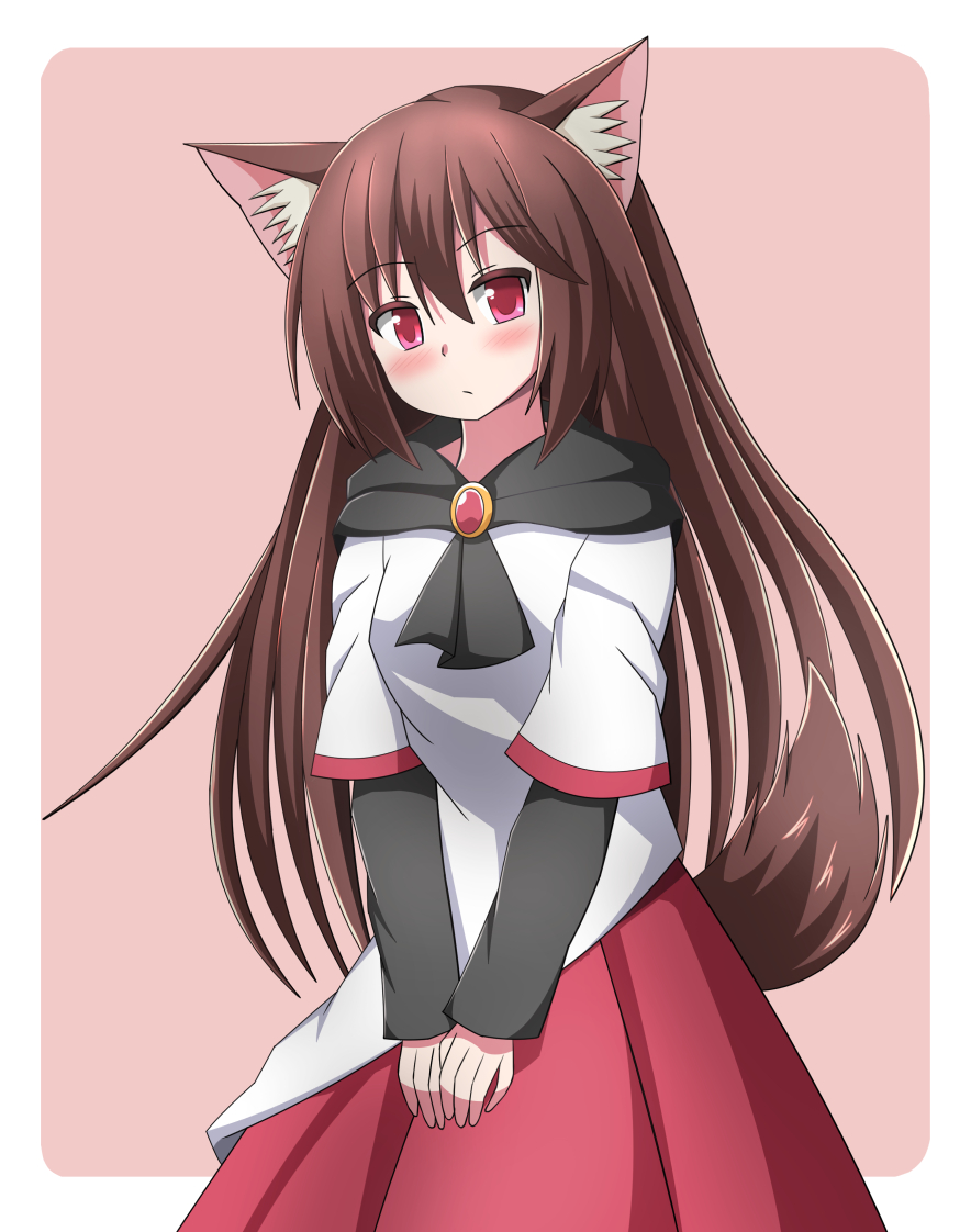 1girl :/ animal_ear_fluff animal_ears black_shawl blush brooch brown_hair commentary dress eyebrows_visible_through_hair hair_between_eyes hands_on_own_thighs head_tilt imaizumi_kagerou jewelry layered_dress leaning_forward long_hair long_sleeves looking_at_viewer pink_background red_eyes red_skirt rounded_corners shawl shirt shirt_under_dress short_sleeves simple_background skirt solo tail touhou very_long_hair white_shirt wolf_ears wolf_tail yogiri_(dosumefd5)