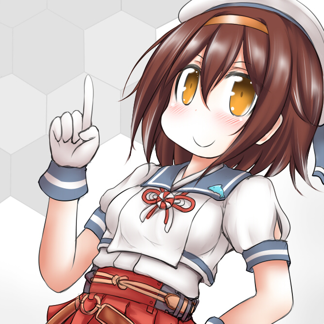 1girl badge blue_sailor_collar brown_hair commentary_request cosplay dolphin gloves hairband hat hip_vent honeycomb_(pattern) honeycomb_background index_finger_raised kantai_collection looking_at_viewer mikura_(kantai_collection) mikura_(kantai_collection)_(cosplay) orange_hairband ouno_(nounai_disintegration) pleated_skirt puffy_short_sleeves puffy_sleeves red_skirt sailor_collar sailor_hat sailor_shirt shiratsuyu_(kantai_collection) shirt short_hair short_sleeves skirt solo undershirt upper_body white_background white_gloves white_headwear white_shirt yellow_eyes