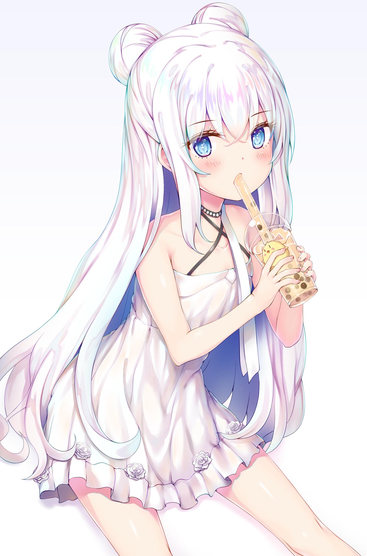 +_+ 1girl akyorapenyo azur_lane bangs bare_arms bare_legs bare_shoulders blue_eyes blush breasts bubble_tea choker collarbone criss-cross_halter cup disposable_cup double_bun dress drinking drinking_straw drinking_straw_in_mouth eyebrows_visible_through_hair hair_between_eyes halterneck highres holding holding_cup le_malin_(azur_lane) le_malin_(the_knight's_true_nature)_(azur_lane) long_hair looking_at_viewer sidelocks silver_hair simple_background small_breasts solo sundress symbol-shaped_pupils very_long_hair white_background white_dress