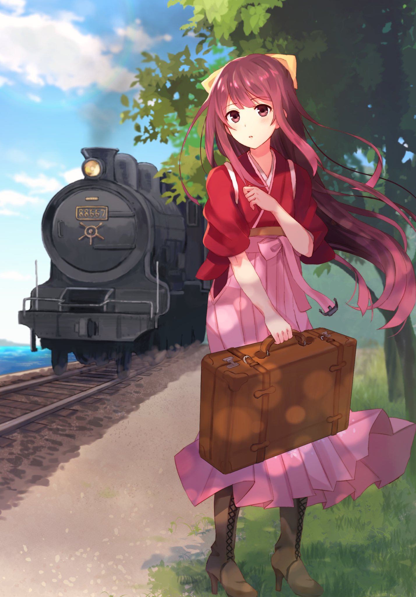 1girl anchor bangs blush boots bow briefcase brown_footwear clouds cross-laced_footwear day eyebrows_visible_through_hair ground_vehicle hair_bow hakama highres holding japanese_clothes kamikaze_(kantai_collection) kantai_collection kimono lace-up_boots long_hair meiji_schoolgirl_uniform open_mouth outdoors pink_hakama purple_hair railroad_tracks red_eyes red_kimono senbei_(senbe_i) sky smoke solo standing tasuki train tree yellow_bow