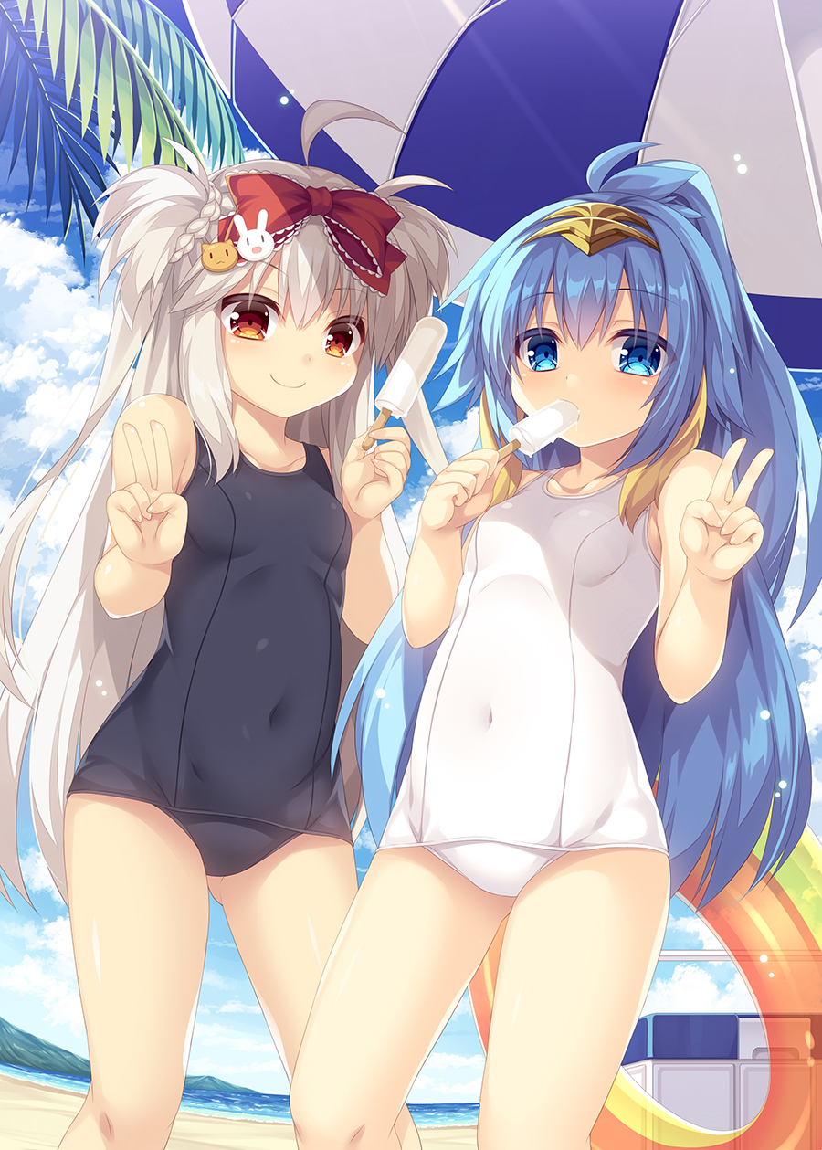 2girls beach beatmania beatmania_iidx blonde_hair blue_eyes blue_hair blue_swimsuit breasts character_request clouds cloudy_sky commentary_request cuvelia eyebrows_visible_through_hair food hair_between_eyes hair_ornament hair_ribbon headgear highres holding holding_food innertube long_hair looking_at_viewer multicolored_hair multiple_girls ocean orange_eyes outdoors palm_leaf parasol popsicle ribbon roshin school_swimsuit sidelocks sky small_breasts smile swimsuit two-tone_hair umbrella v very_long_hair white_hair white_swimsuit