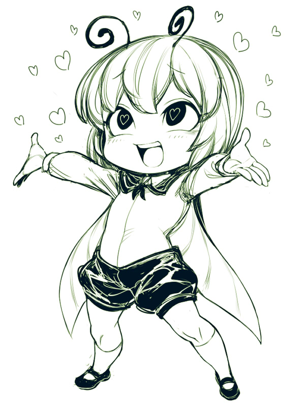 1girl antennae cape chibi flat_chest full_body heart heart-shaped_pupils monochrome outstretched_arms short_hair shorts solo space_jin symbol-shaped_pupils touhou wriggle_nightbug