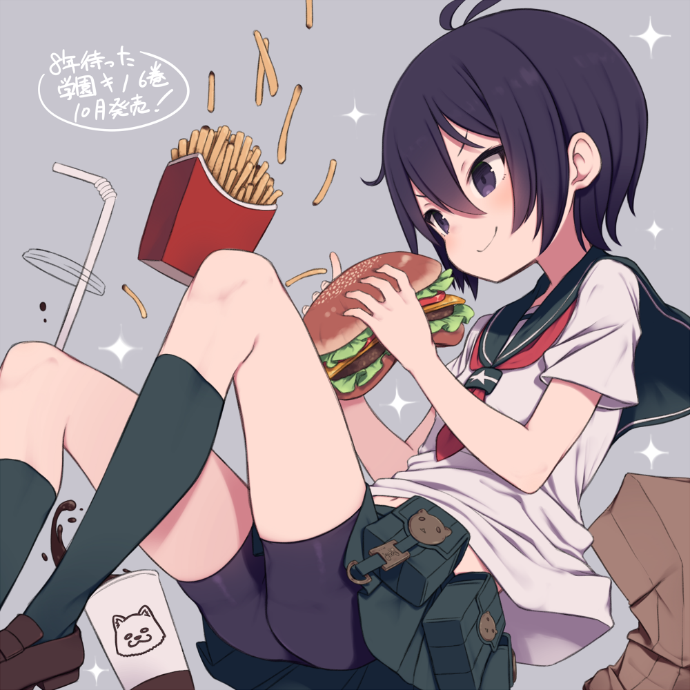 1girl bag belt bike_shorts brown_footwear closed_mouth cup fast_food food french_fries gakuen_kino gamuo grey_background hamburger holding holding_food kino kino_no_tabi kneehighs loafers midriff_peek navel neckerchief paper_bag pleated_skirt purple_hair red_neckwear school_uniform serafuku shoes short_hair shorts shorts_under_skirt skirt smile solo utility_belt violet_eyes