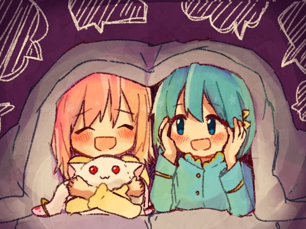 2girls bangs blue_eyes blue_hair closed_eyes comforter hair_ornament hairclip kaname_madoka kyubey long_sleeves mahou_shoujo_madoka_magica miki_sayaka multiple_girls okayutoma on_bed open_mouth pajamas pink_hair short_hair smile under_covers