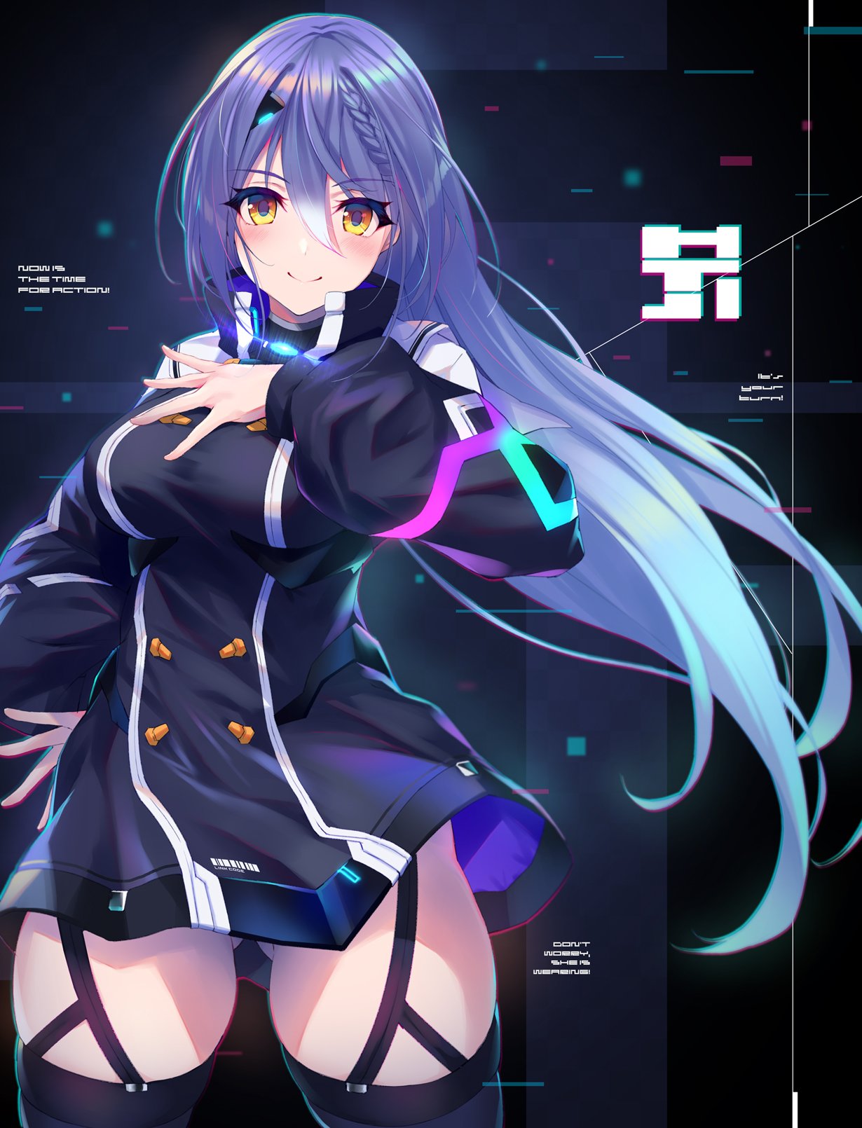 1girl ass_visible_through_thighs barcode blue_hair blush braid chromatic_aberration closed_mouth cowboy_shot dress english_text etra fukai_ryousuke garter_straps hair_between_eyes hand_on_own_chest high_collar highres long_sleeves looking_at_viewer moemi_&amp;_yomemi_channel official_art puffy_sleeves short_dress smile solo thigh-highs virtual_youtuber yellow_eyes