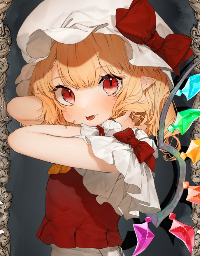 1girl :p ascot bangs blonde_hair bow commentary crystal eyebrows_visible_through_hair flandre_scarlet gotoh510 grey_background hands_in_hair hat hat_bow looking_at_viewer mob_cap pointy_ears red_bow red_eyes red_vest shirt short_hair short_sleeves solo symbol_commentary tongue tongue_out touhou upper_body vest white_headwear white_shirt wings yellow_neckwear