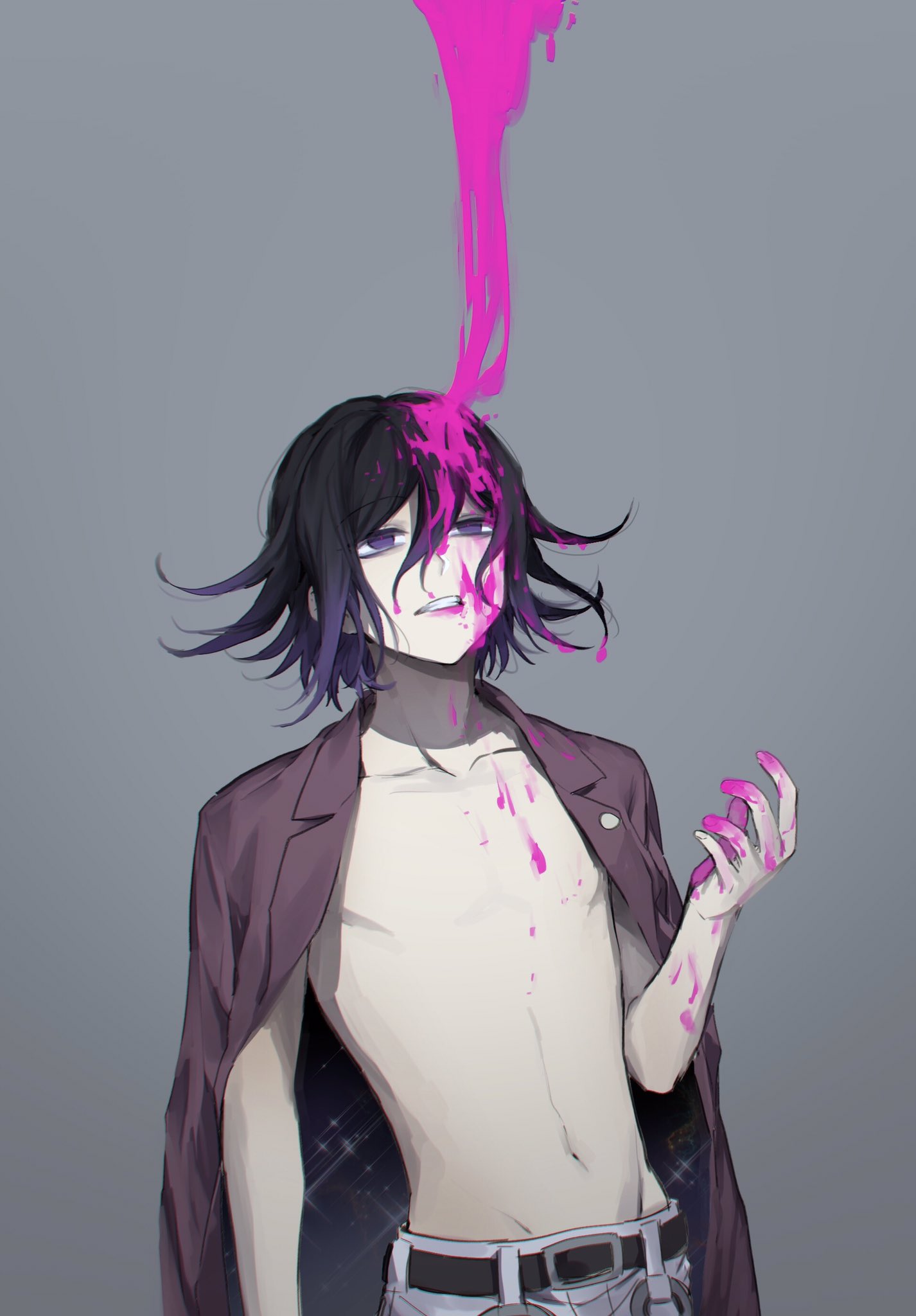 1boy belt black_belt black_hair blood blood_on_face bloody_hair bloody_hands collarbone dangan_ronpa grey_background hair_between_eyes highres jacket_on_shoulders looking_up male_focus medium_hair multicolored_hair nanin navel new_dangan_ronpa_v3 ouma_kokichi pants parted_lips pink_blood purple_hair shirtless simple_background solo two-tone_hair violet_eyes white_pants