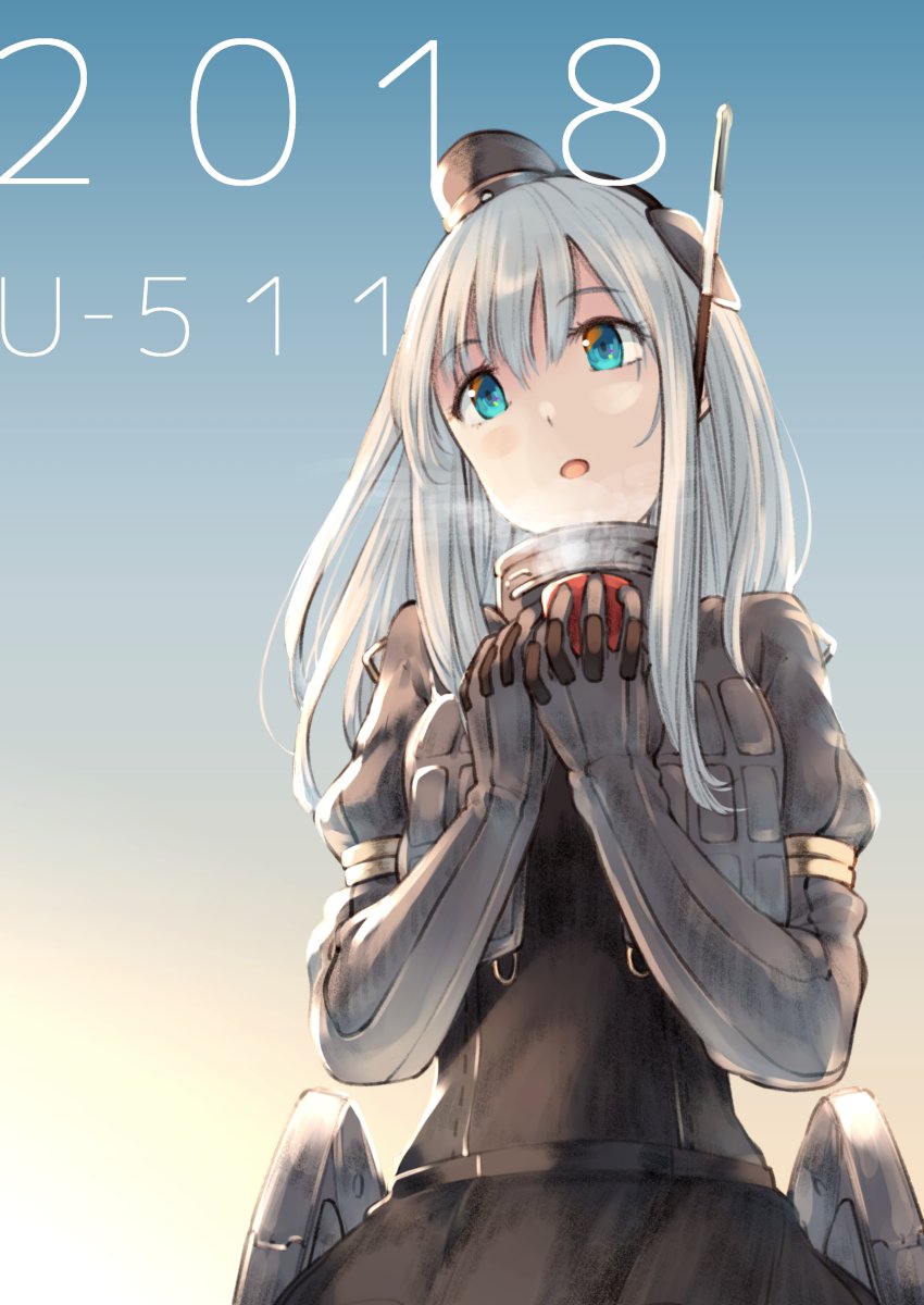 1girl 2018 alternate_hair_color blue_eyes blush cropped_jacket cup eyebrows_visible_through_hair garrison_cap hat headgear highres kantai_collection long_hair long_sleeves military military_uniform open_mouth puffy_long_sleeves puffy_sleeves rigging ryuu_(tsukinoyuki) silver_hair simple_background smile solo steam swimsuit swimsuit_under_clothes u-511_(kantai_collection) uniform