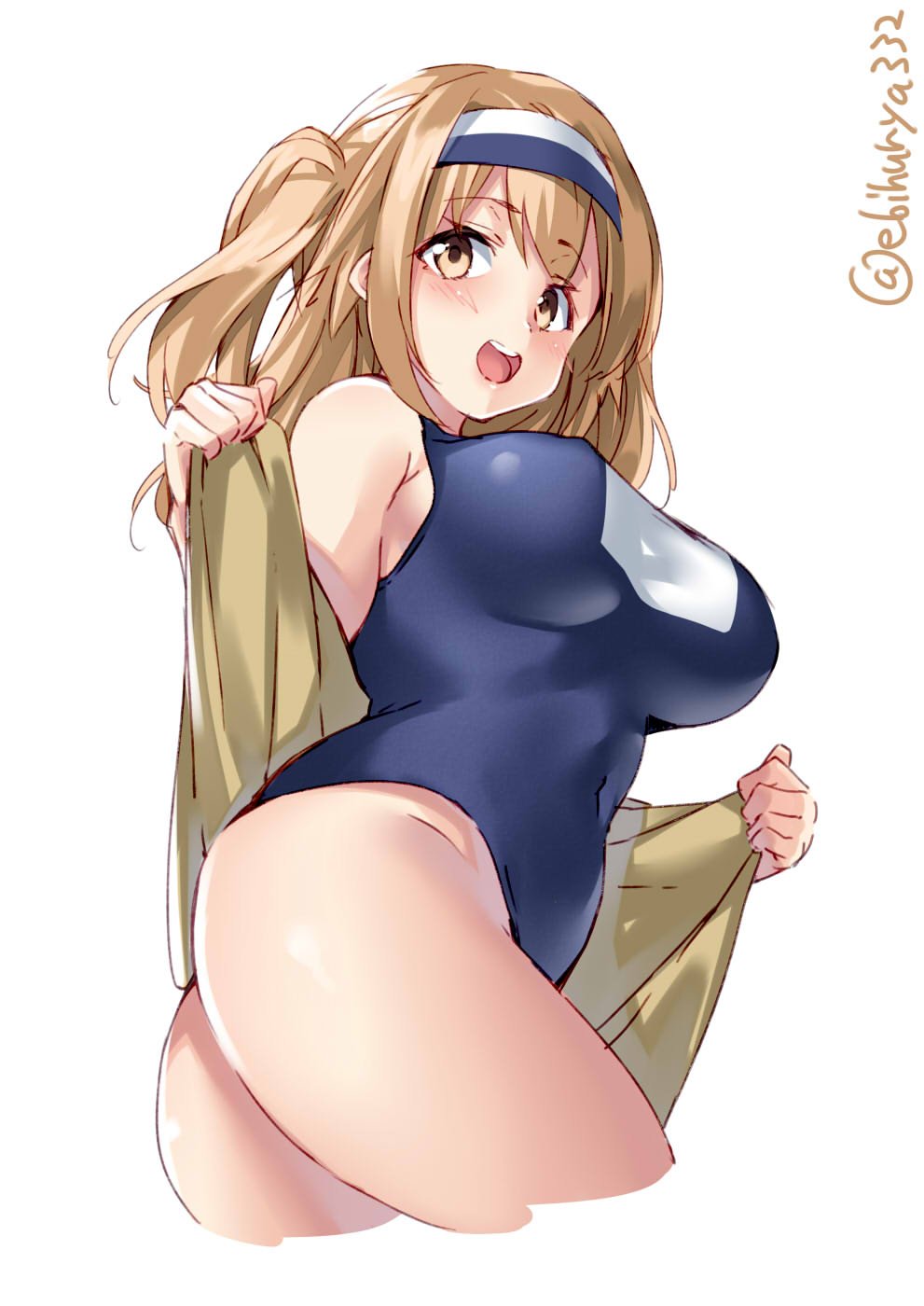 1girl blush breasts ebifurya eyebrows_visible_through_hair hairband highres i-26_(kantai_collection) kantai_collection large_breasts light_brown_eyes light_brown_hair long_hair looking_at_viewer open_clothes open_mouth sailor_collar school_swimsuit smile solo swimsuit swimsuit_under_clothes thighs twitter_username two-tone_hairband two_side_up