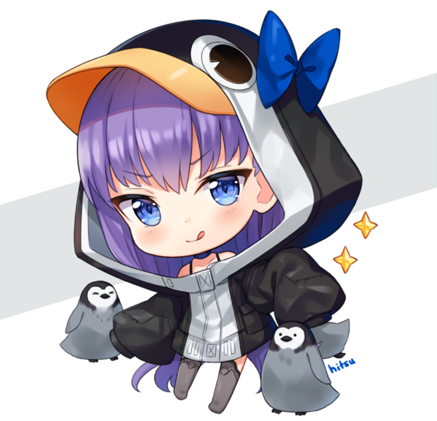 1girl :q animal animal_hood artist_name bangs bird black_jacket blue_bow blue_eyes blush bow chibi closed_mouth commentary english_commentary eyebrows_visible_through_hair fate/grand_order fate_(series) full_body grey_background hitsukuya hood hood_up hooded_jacket jacket long_hair long_sleeves looking_at_viewer meltryllis meltryllis_(swimsuit_lancer)_(fate) penguin penguin_hood puffy_long_sleeves puffy_sleeves purple_hair signature sleeves_past_fingers sleeves_past_wrists smile solo sparkle tongue tongue_out two-tone_background very_long_hair white_background