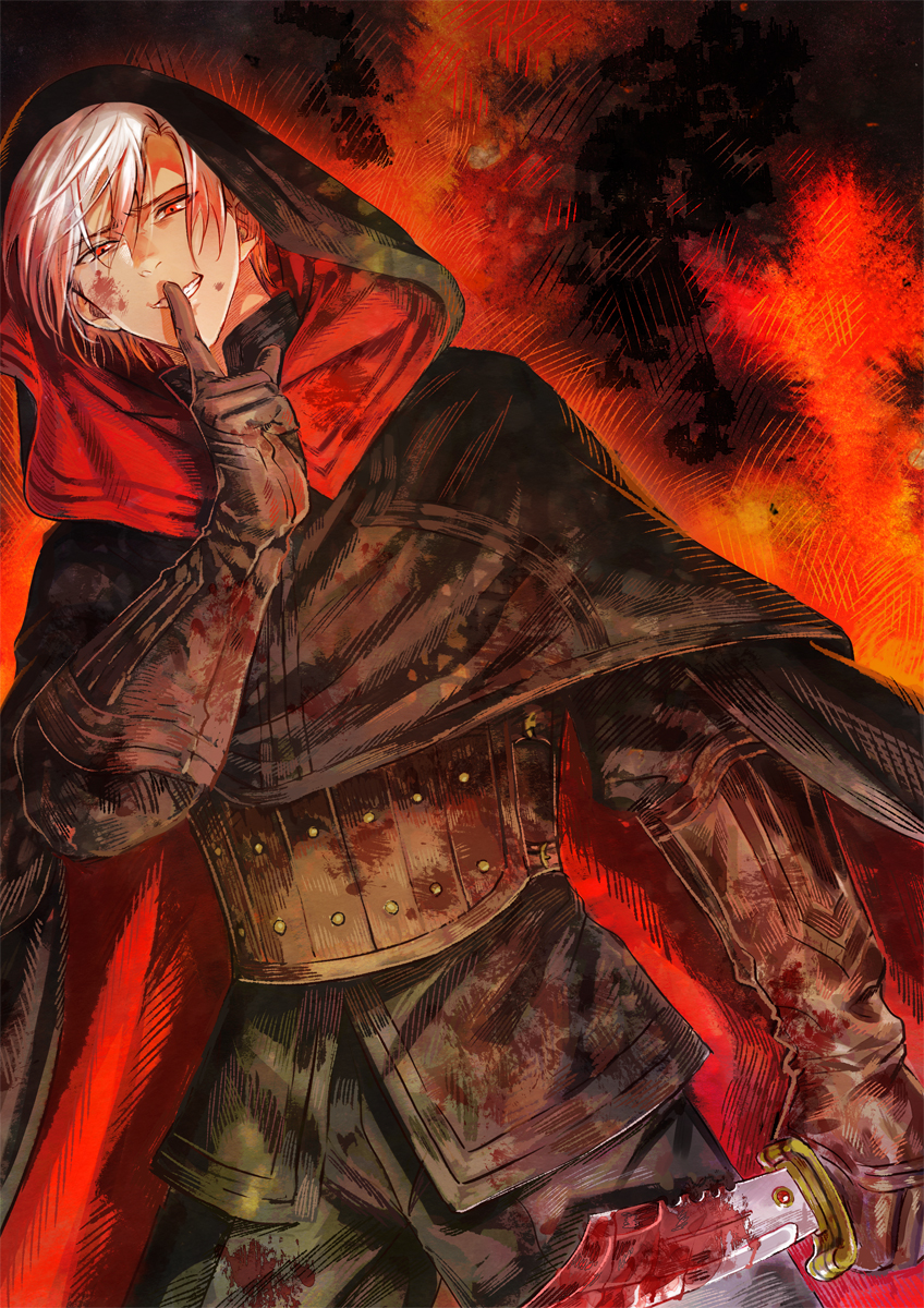 1boy black_gloves blood blood_on_face bloody_clothes bloody_knife bloody_weapon cloak finger_to_mouth gloves highres holding holding_knife hood hooded_cloak k_harris knife male_focus pixiv_fantasia pixiv_fantasia_last_saga red_eyes sharya_ganzo shushing solo standing weapon white_hair