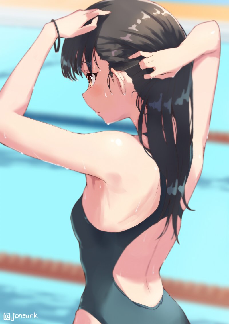 1girl arms_up black_hair blurry blurry_background brown_eyes competition_swimsuit jonsun long_hair one-piece_swimsuit original pool rubber_band solo swimsuit twitter_username wet