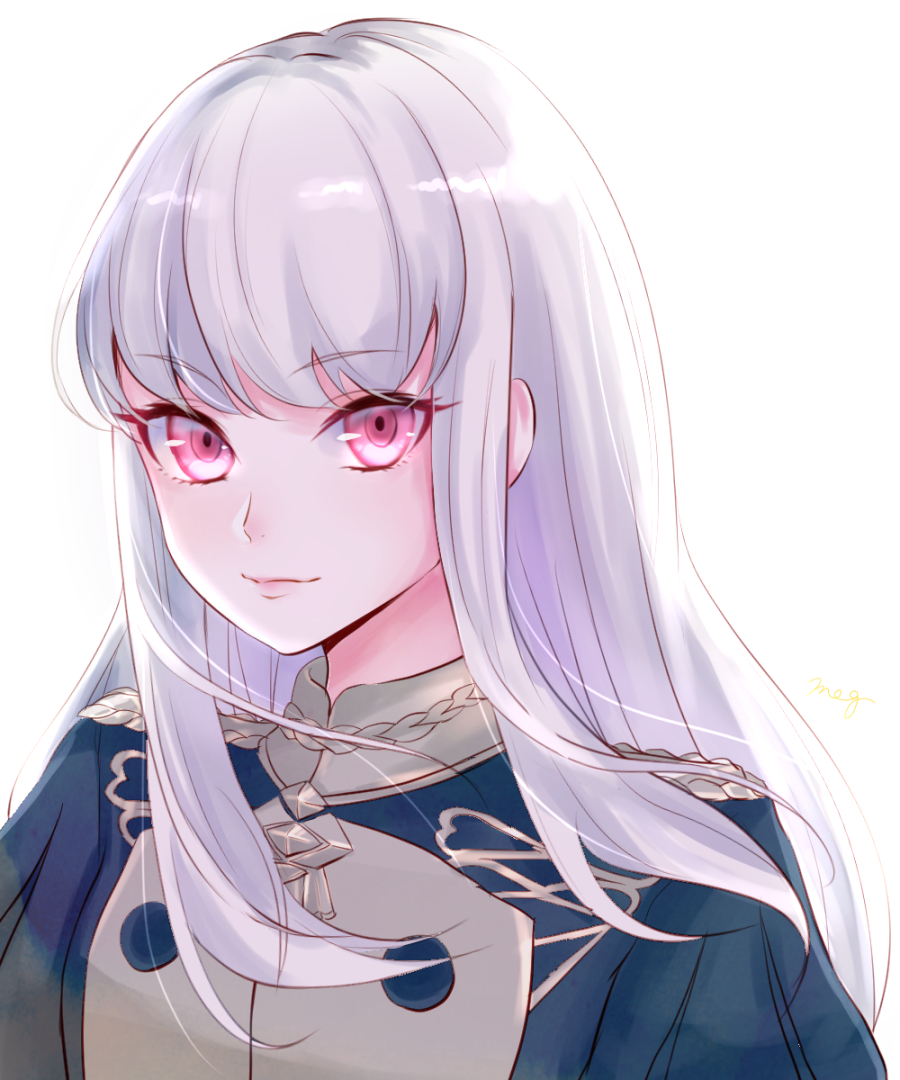 1girl ayase_aya closed_mouth epaulettes fire_emblem fire_emblem:_three_houses garreg_mach_monastery_uniform long_hair lysithea_von_ordelia pink_eyes simple_background solo uniform upper_body white_background white_hair