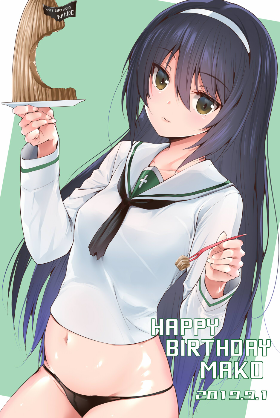 1girl amasora_taichi bangs black_hair black_neckwear black_panties blush breasts brown_eyes character_name closed_mouth commentary_request dated eyebrows_visible_through_hair fingernails food food_request fork girls_und_panzer green_background hair_between_eyes hairband happy_birthday highres holding holding_fork holding_plate long_hair long_sleeves looking_at_viewer navel no_pants panties plate reizei_mako sailor_collar shirt small_breasts smile solo two-tone_background underwear very_long_hair white_background white_hairband white_sailor_collar white_shirt