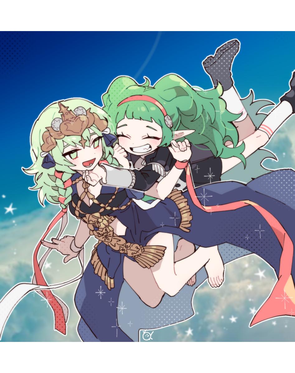 2girls barefoot byleth_(fire_emblem) byleth_eisner_(female) byleth_eisner_(female)_(cosplay) closed_eyes cosplay costume_switch fire_emblem fire_emblem:_three_houses friedbirdchips garreg_mach_monastery_uniform green_eyes green_hair grin hair_ornament hairband highres long_hair long_sleeves manakete medium_hair multiple_girls open_mouth pointy_ears shoes smile socks sothis_(fire_emblem) sothis_(fire_emblem)_(cosplay) tiara uniform white_legwear