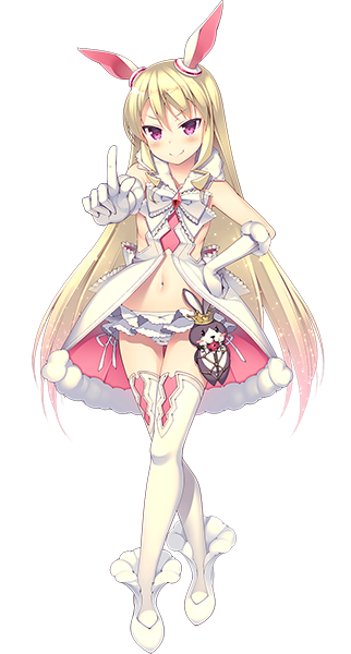 1girl animal_ears blonde_hair closed_mouth crown daibouken!_yukeyuke_osawari_island flat_chest full_body gloves hametena index_finger_raised looking_at_viewer miniskirt navel_cutout nontan official_art pink_eyes rabbit rabbit_ears shibari skirt smile thigh-highs transparent_background underboob_cutout white_legwear