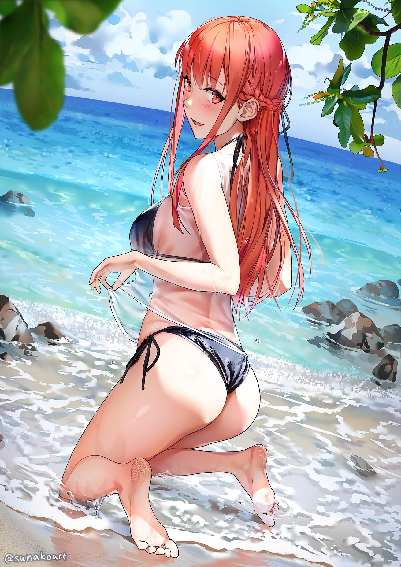 1girl :d ass bangs bare_shoulders barefoot beach bikini black_bikini blue_sky blush braid breasts character_request clouds day highres kneeling long_hair ocean open_mouth outdoors red_eyes redhead sand side-tie_bikini sidelocks sky smile solo sunako_(veera) swimsuit wet