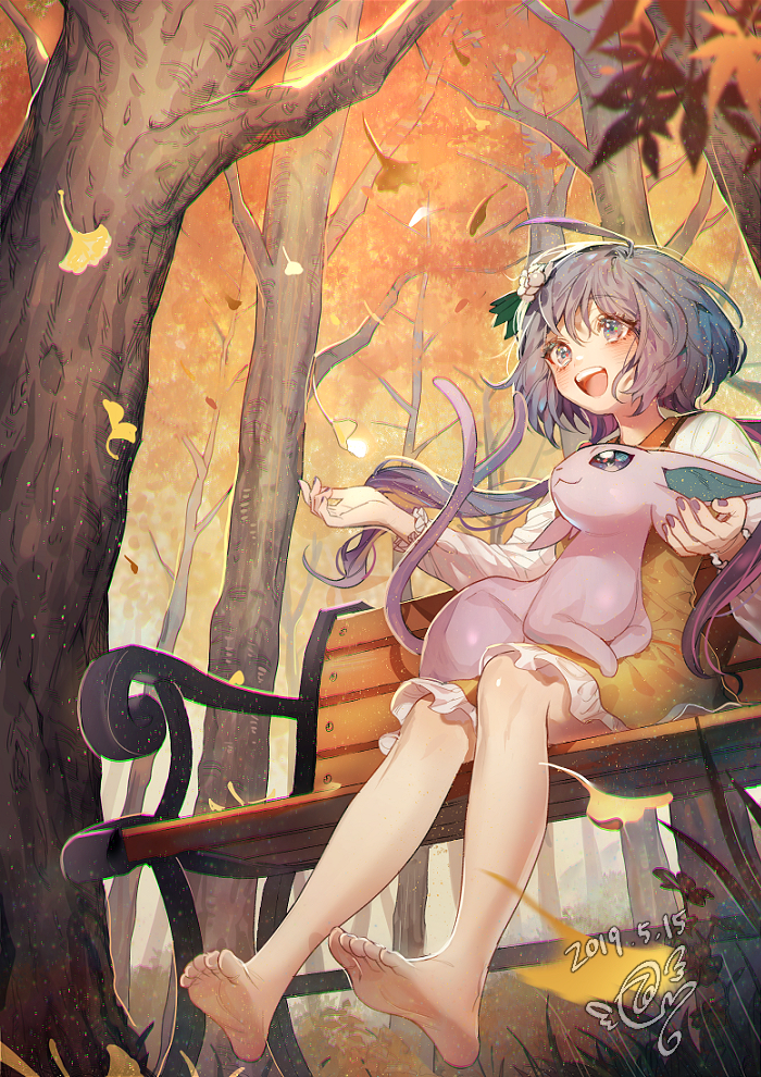 1girl ahoge autumn autumn_leaves bare_legs barefoot bench crossover dated day dress espeon forest full_body lavender_eyes lavender_hair long_sleeves multiple_tails nature open_mouth outdoors pokemon short_dress short_hair_with_long_locks signature sitting smile tail touhou tree tsukumo_benben twintails two_tails zuizi