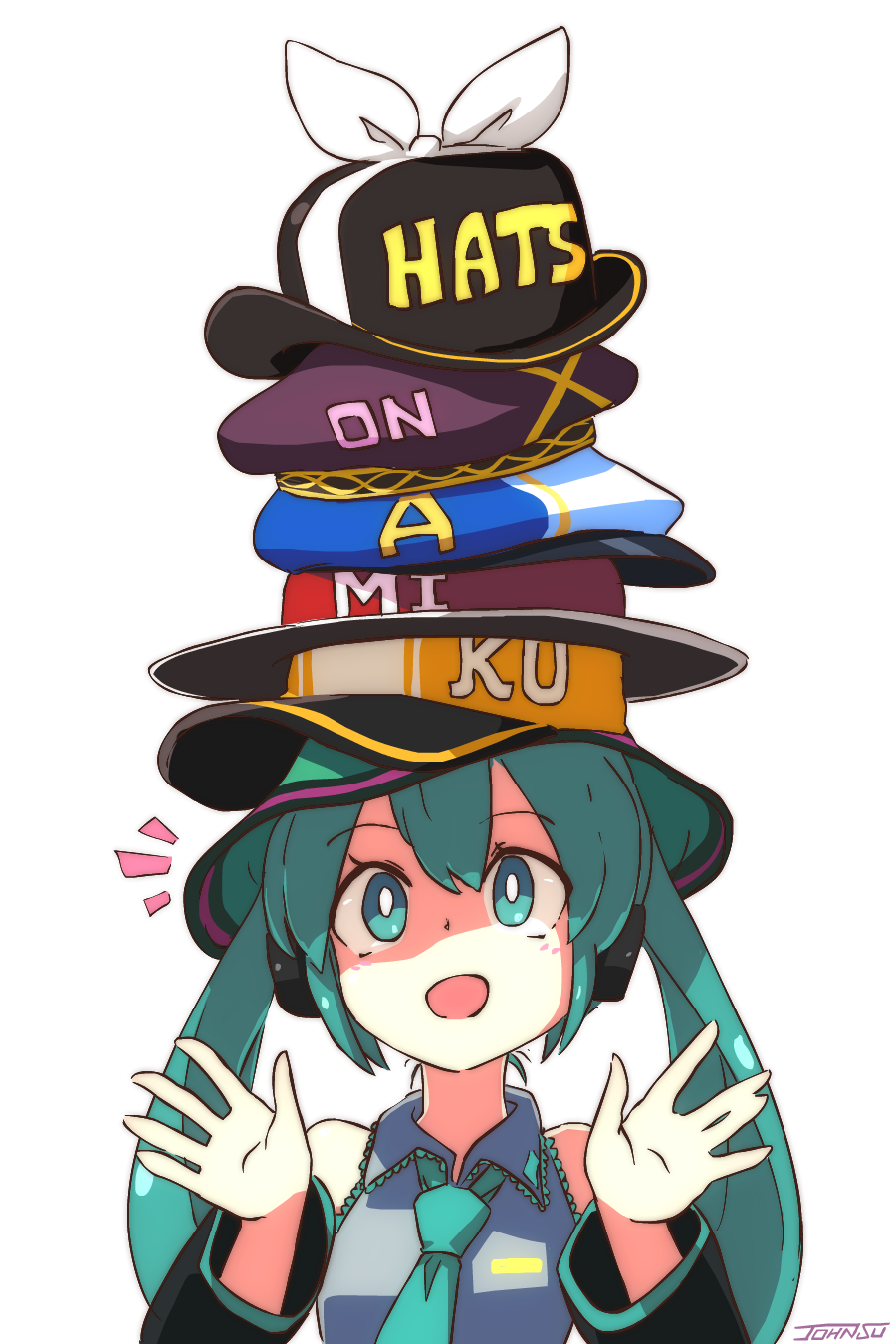 1girl artist_name bangs beret black_headwear black_sleeves blue_headwear clothes_writing collared_shirt commentary detached_sleeves eyebrows_visible_through_hair green_eyes green_hair green_headwear grey_shirt hair_between_eyes hands_up hat hatsune_miku headphones highres john_su long_hair long_sleeves notice_lines pun purple_headwear red_headwear romaji_commentary shirt signature simple_background sleeveless sleeveless_shirt solo too_many twintails upper_body vocaloid white_background yellow_headwear