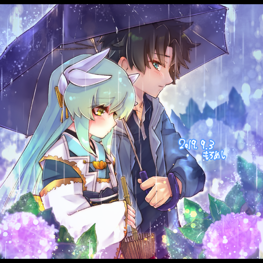 1boy 1girl artist_name blurry blurry_background blurry_foreground dated depth_of_field dragon_horns fate/grand_order fate_(series) flower fujimaru_ritsuka_(male) horns hydrangea japanese_clothes kimono kiyohime_(fate/grand_order) motimotimeshi oriental_umbrella parka rain umbrella