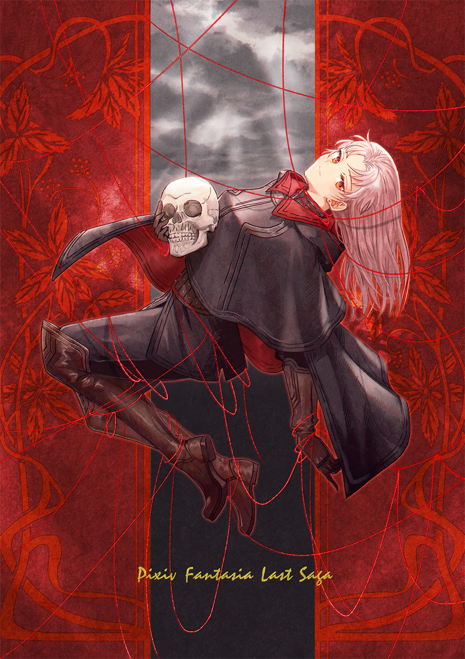 1girl black_cape boots brown_footwear brown_gloves cape copyright_name ferri_ganzo full_body gloves highres holding_skull k_harris knee_boots long_hair looking_at_viewer pink_hair pixiv_fantasia pixiv_fantasia_last_saga red_eyes red_string skull smile solo string