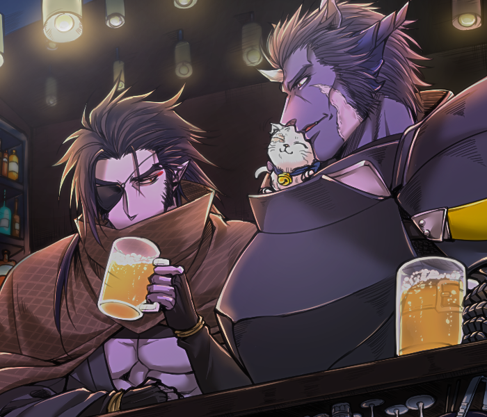 2boys alcohol animal animal_on_shoulder armor beer bell black_hair bottle brown_cape cape cat darshan_aga_zalqava eyepatch horns indoors jingle_bell light long_hair looking_at_another male_focus multiple_boys pink_skin pixiv_fantasia pixiv_fantasia_last_saga pointy_ears wine_bottle yukiji_(mogari) zokudan_(pixiv_fantasia_last_saga)