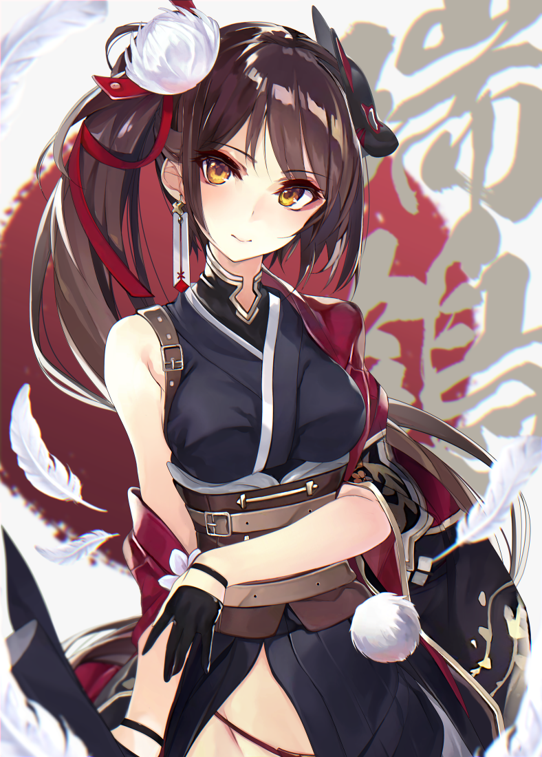 1girl alternate_costume arm_across_waist azur_lane bangs bare_shoulders belt black_gloves black_kimono blush breasts brown_hair closed_mouth commentary_request corset cowboy_shot detached_sleeves dress earrings eyebrows_visible_through_hair eyeshadow flower gloves groin hair_flower hair_ornament half_gloves japanese_clothes jewelry kimono large_breasts long_hair looking_at_viewer makeup mask mask_on_head multiple_belts panties ponytail revision shirokitsune shoulder_strap sidelocks sleeveless smile solo standing underwear very_long_hair zuikaku_(azur_lane) zuikaku_(festive_crane)_(azur_lane)