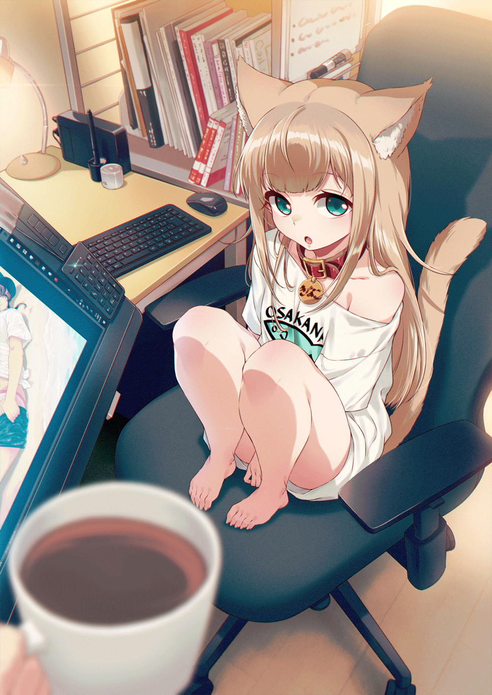 1girl 40hara animal_ear_fluff animal_ears aqua_eyes bangs barefoot blonde_hair book cat_ears cat_tail chair collar commentary_request cup eyebrows_visible_through_hair highres holding holding_cup indoors keyboard_(computer) kinako long_hair looking_at_viewer mouse_(computer) office_chair open_mouth original pov pov_hands print_shirt shirt sitting t-shirt tail white_shirt