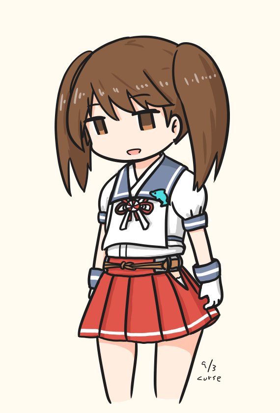 1girl artist_name badge blue_sailor_collar brown_eyes brown_hair commentary_request cosplay curse_(023) dated dolphin empty_eyes gloves hip_vent kantai_collection looking_down mikura_(kantai_collection) mikura_(kantai_collection)_(cosplay) pleated_skirt puffy_short_sleeves puffy_sleeves red_skirt ryuujou_(kantai_collection) sailor_collar sailor_shirt shirt short_sleeves simple_background skirt solo twintails undershirt white_background white_gloves white_shirt