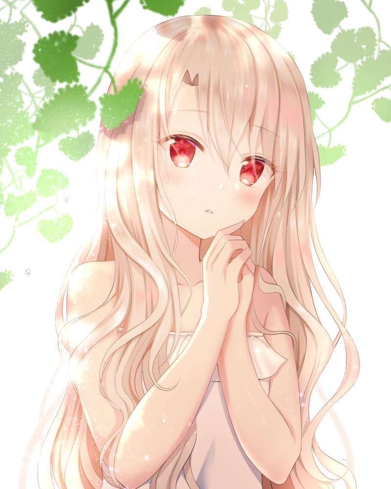 1girl bangs bare_arms bare_shoulders blonde_hair blush collarbone commentary eyebrows_visible_through_hair fate/kaleid_liner_prisma_illya fate_(series) hair_between_eyes hands_up illyasviel_von_einzbern leaf long_hair looking_at_viewer nasii own_hands_together parted_lips plant red_eyes revision simple_background solo strapless upper_body wavy_mouth white_background