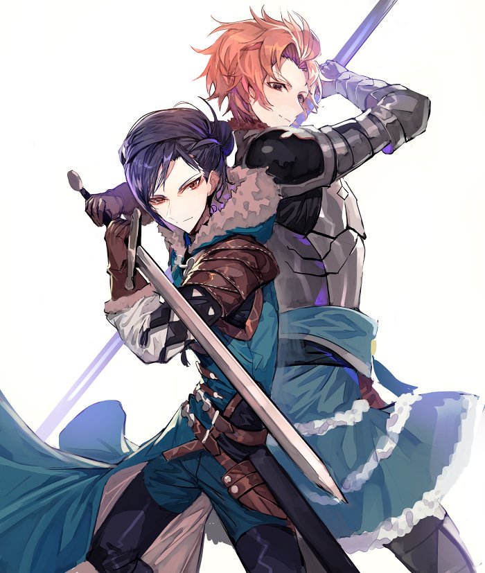 2boys armor back-to-back belt boots brown_eyes felix_hugo_fraldarius fire_emblem fire_emblem:_three_houses fur_trim gloves male_focus multiple_boys mura_karuki orange_hair polearm ponytail spear sword sylvain_jose_gautier weapon white_background