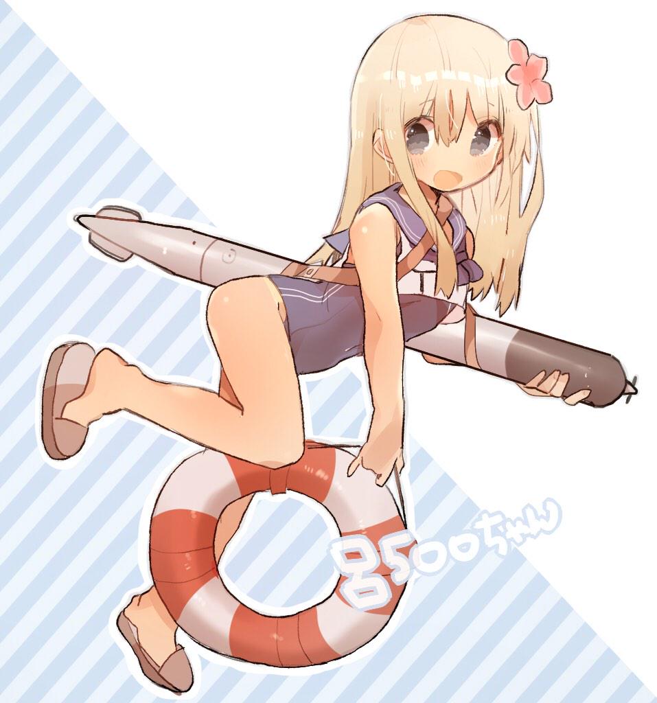 1girl alternate_eye_color bangs blonde_hair blush crop_top eyebrows_visible_through_hair flower full_body grey_eyes hair_flower hair_ornament kantai_collection lifebuoy long_hair looking_at_viewer nontraditional_school_swimsuit one-piece_swimsuit one-piece_tan open_mouth picohebi ro-500_(kantai_collection) sailor_collar school_swimsuit school_uniform serafuku simple_background smile solo swimsuit swimsuit_under_clothes tan tanline torpedo