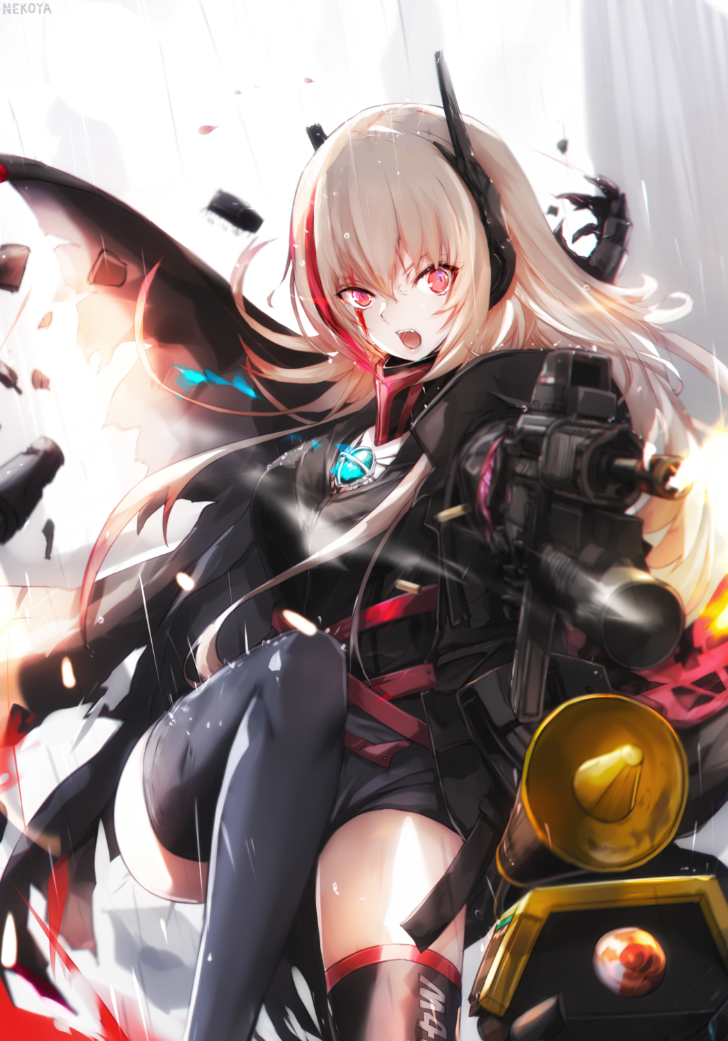 1girl artist_name assault_rifle backlighting bangs black_gloves black_jacket black_legwear blurry blurry_background breasts commentary_request depth_of_field dinergate_(girls_frontline) dyolf eyebrows_visible_through_hair fangs girls_frontline gloves glowing gun hair_between_eyes headgear highres holding holding_gun holding_weapon jacket light_brown_hair long_hair m4_carbine m4_sopmod_ii_(girls_frontline) medium_breasts multicolored_hair object_namesake open_mouth rain redhead rifle signature standing standing_on_one_leg streaked_hair thigh-highs very_long_hair violet_eyes weapon