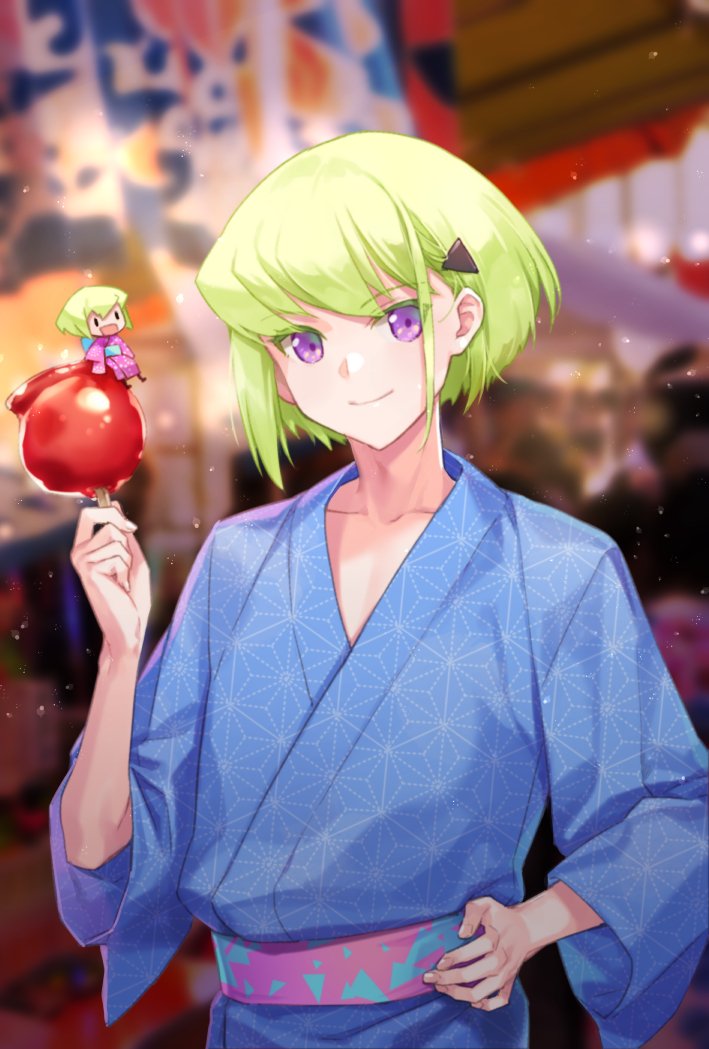 1boy candy_apple chibi closed_mouth demmy festival food green_hair hair_ornament hairclip hand_on_hip japanese_clothes kimono lio_fotia male_focus promare short_hair smile solo violet_eyes yukata