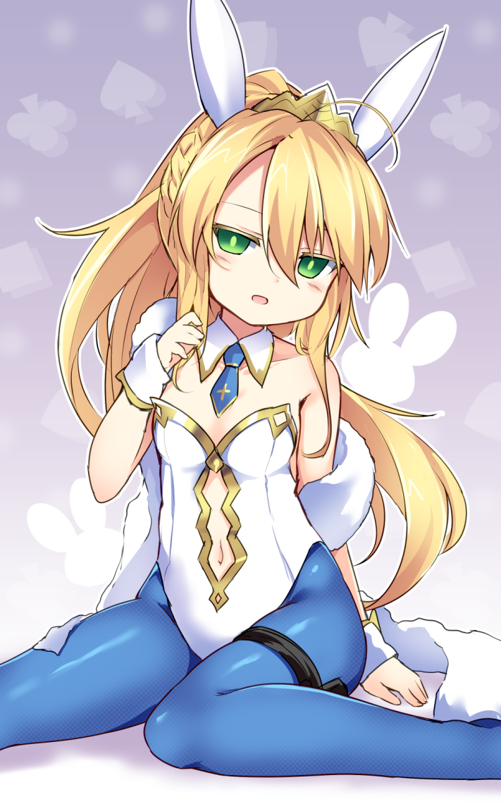 1girl animal_ears artoria_pendragon_(all) artoria_pendragon_(swimsuit_ruler)_(fate) baku-p bangs blonde_hair blue_legwear blue_neckwear blush braid breasts collar collarbone commentary_request detached_collar eyebrows_visible_through_hair fate/grand_order fate_(series) green_eyes hair_between_eyes hand_up head_tilt high_ponytail leotard long_hair looking_at_viewer navel navel_cutout necktie pantyhose parted_lips ponytail rabbit_ears short_necktie sitting small_breasts smile solo strapless strapless_leotard tiara very_long_hair wariza white_collar white_leotard wing_collar wrist_cuffs
