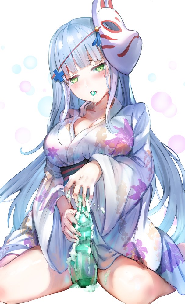 1girl bangs barefoot blunt_bangs blurry blush bokeh bottle breasts collarbone depth_of_field eyebrows_visible_through_hair facial_mark floral_print fox_mask frown girls_frontline green_eyes hair_ornament half-closed_eyes hk416_(girls_frontline) holding japanese_clothes kimono large_breasts long_hair looking_at_viewer mask mask_on_head mouth_hold obi qian_wu_atai ramune sash sexually_suggestive silver_hair simple_background sitting solo spill teardrop thighs very_long_hair wariza white_background white_kimono wide_sleeves