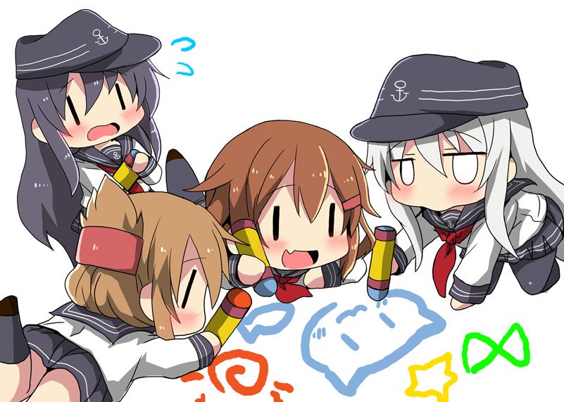 4girls akatsuki_(kantai_collection) anchor_symbol black_hair black_legwear black_sailor_collar black_skirt brown_hair chibi commentary_request crayon drawing flat_cap flying_sweatdrops folded_ponytail hair_ornament hairclip hat hibiki_(kantai_collection) ikazuchi_(kantai_collection) inazuma_(kantai_collection) kantai_collection kneehighs long_hair long_sleeves multiple_girls neckerchief open_mouth oshiruko_(uminekotei) pantyhose pleated_skirt red_neckwear sailor_collar school_uniform serafuku shirt short_hair silver_hair simple_background skirt white_background white_shirt ||_||