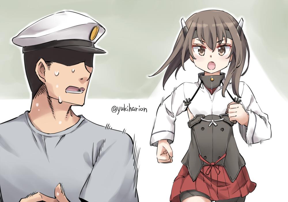 1boy 1girl admiral_(kantai_collection) bike_shorts brown_eyes brown_hair commentary_request cowboy_shot flat_chest hat headband headgear kantai_collection muneate open_mouth peaked_cap pleated_skirt red_skirt running short_hair skirt sweat sweating_profusely taihou_(kantai_collection) twitter_username upper_body white_headwear yukiharu