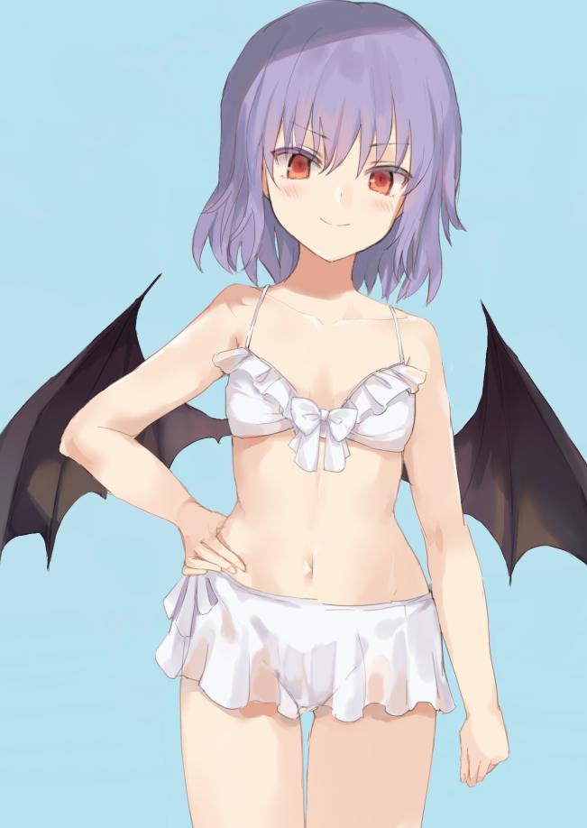 1girl bangs bare_arms bare_shoulders bat_wings blue_background blue_hair blush bow bra collarbone cowboy_shot eyebrows_visible_through_hair flat_chest hair_between_eyes hand_on_hip looking_at_viewer miniskirt navel nazuka_(mikkamisaki) no_hat no_headwear red_eyes remilia_scarlet short_hair simple_background skirt smile solo standing stomach thighs touhou underwear white_bow white_bra white_skirt wings
