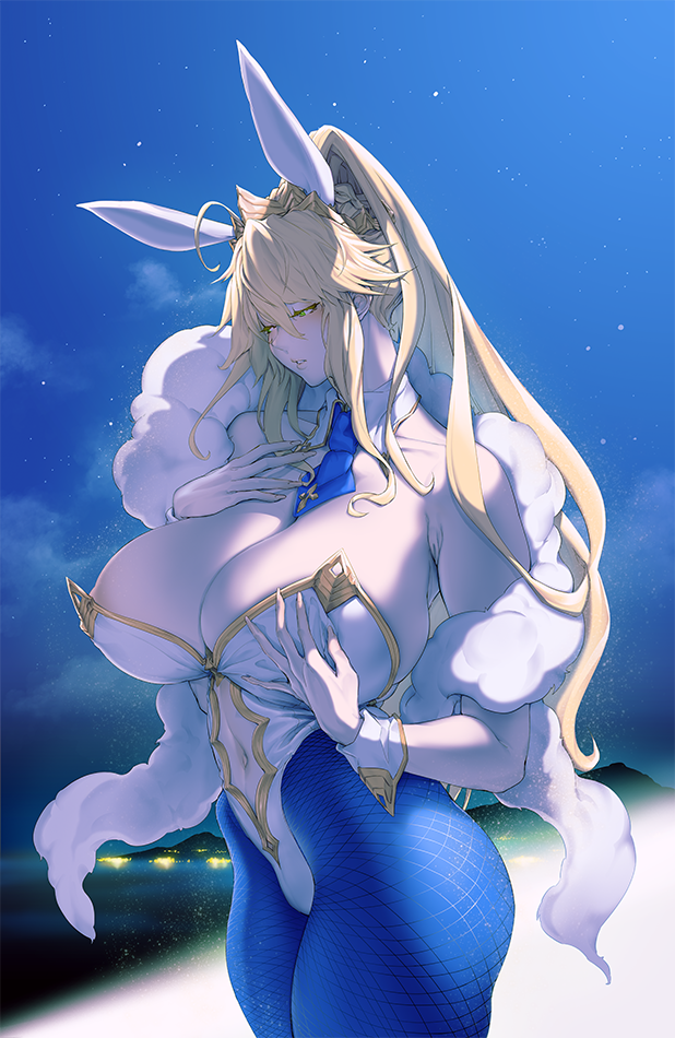 1girl animal_ears artoria_pendragon_(all) artoria_pendragon_(swimsuit_ruler)_(fate) bare_shoulders beach blonde_hair blue_legwear blue_neckwear blue_sky braid breasts bunnysuit commentary_request detached_collar fate/grand_order fate_(series) fishnet_pantyhose fishnets french_braid fur hand_on_own_chest high_ponytail horizon huge_breasts ion_(cation) leotard mountainous_horizon navel_cutout night night_sky outdoors pantyhose rabbit_ears scenery shore sky standing star_(sky) starry_sky tiara water white_leotard wrist_cuffs