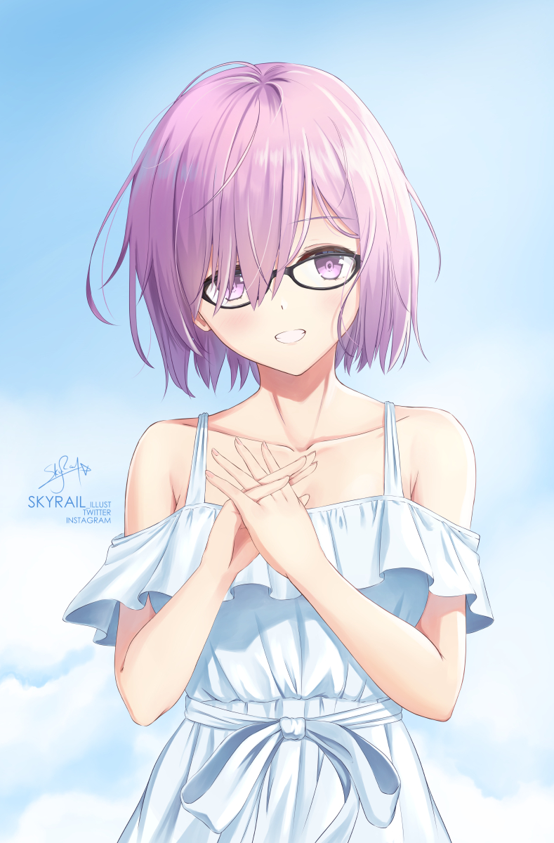 1girl artist_request bare_arms bare_shoulders black-framed_eyewear breasts collarbone commentary_request dress eyebrows_visible_through_hair fate/grand_order fate_(series) glasses hair_between_eyes hair_over_one_eye highres looking_at_viewer mash_kyrielight medium_breasts ribbon short_hair skyrail smile solo teeth upper_body violet_eyes white_dress white_ribbon