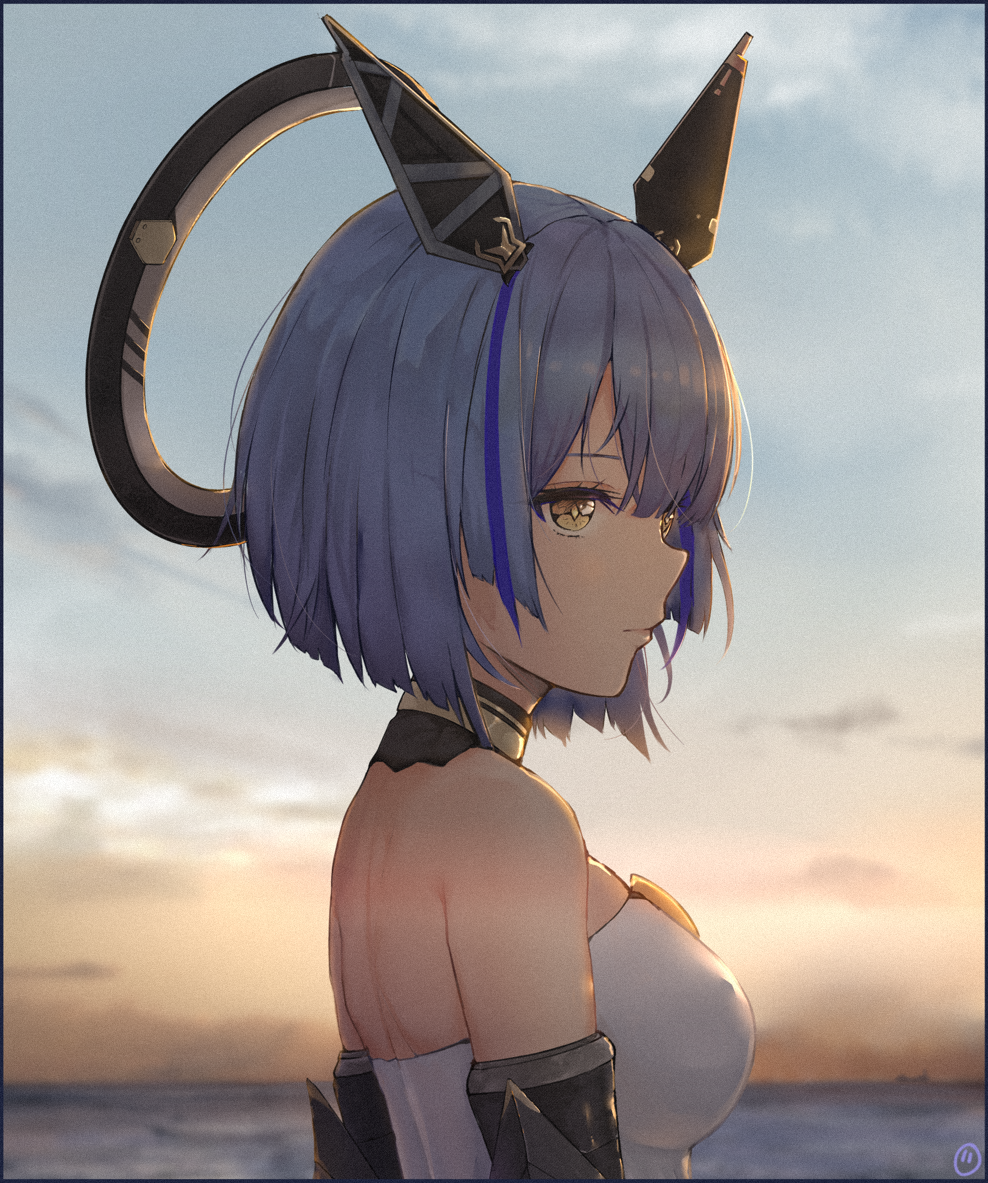 1girl azur_lane blue_hair blurry border breasts closed_mouth clouds depth_of_field envyvanity floating_headgear from_side gascogne_(azur_lane) large_breasts multicolored_hair outdoors profile short_hair sky solo streaked_hair sunrise sunset upper_body water yellow_eyes