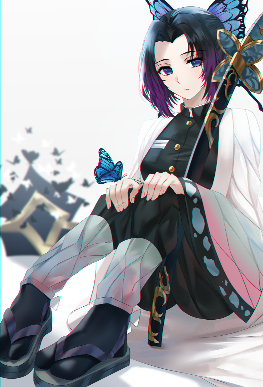 1girl animal_print bangs black_hair black_pants blue_eyes breasts bug butterfly butterfly_hair_ornament butterfly_print coat expressionless gradient_hair hair_ornament hands_on_own_knees haori hat highres insect japanese_clothes katana kimetsu_no_yaiba kochou_shinobu looking_at_viewer medium_breasts multicolored_hair nikek96 pants parted_bangs purple_hair sandals scabbard sheath sheathed sitting solo sword tokin_hat two-tone_hair uniform weapon white_background wide_sleeves