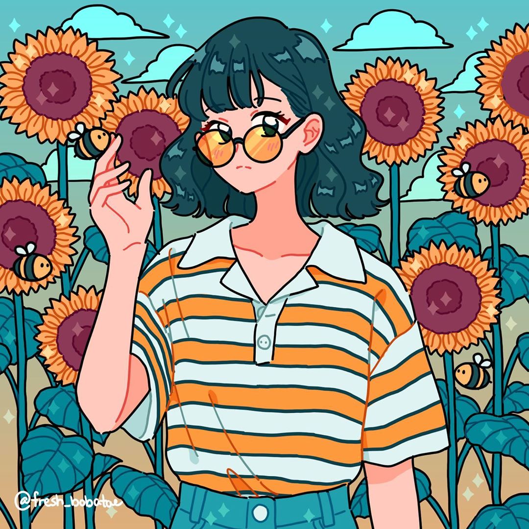 1girl artist_name bangs bee black_hair bug clouds collared_shirt expressionless eyebrows_visible_through_hair flower fresh_bobatae hand_up insect instagram_username leaf looking_at_viewer medium_hair original round_eyewear shirt shirt_tucked_in short_sleeves solo sparkle striped striped_shirt sunflower tinted_eyewear upper_body yellow_shirt